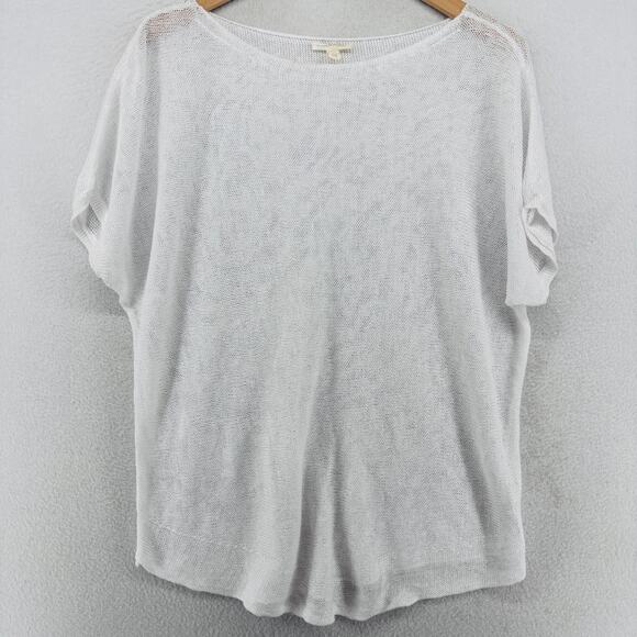 EILEEN FISHER Sweater L Organic Linen Short Sleeve Boat Neck Sheer White - Picture 1 of 12